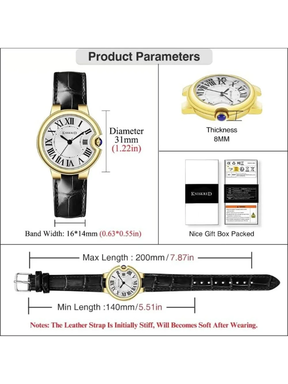 Women's Black Gold Roman Numerals Solid Vintage Leather Strap Wrist Watches